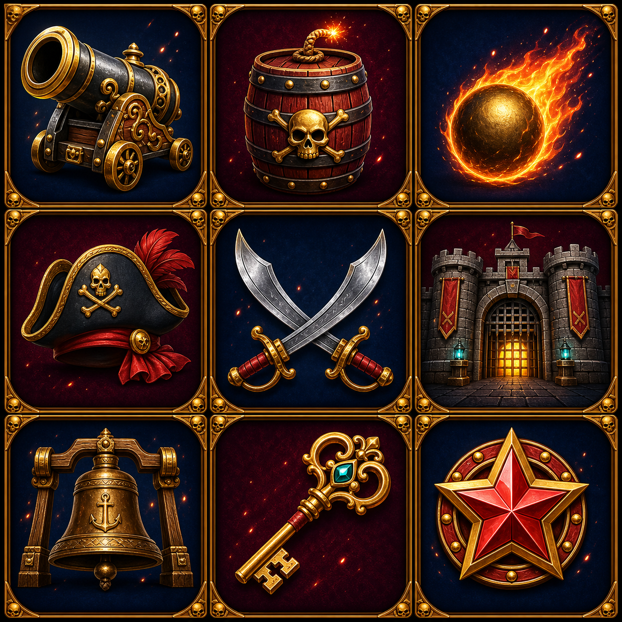 Cannon Cove slot symbols with cannon, barrel, cannonball, captain hat, cutlasses, fortress gate, bell, key, and star medallion.